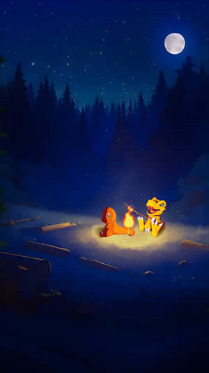 Agumonand Charmander Campfire Night Wallpaper