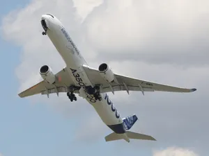 Airbus A350 Ascending Against Cloudy Sky Wallpaper