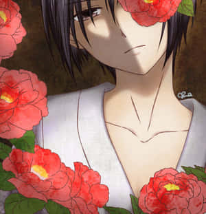 Akito Sohma Among Red Flowers Wallpaper