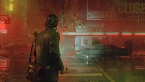 Alan Wake2 Mysterious Figurein Rainy Street Wallpaper