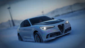 Alfa Romeo Stelvio Driving On A Scenic Road Wallpaper