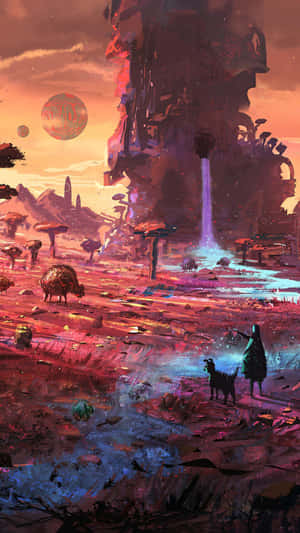 Alien Landscape With Figure And Beast.jpg Wallpaper