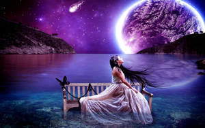 Alone Woman And Galaxy Moon Wallpaper