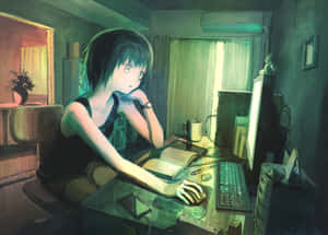 An Anime Boy Sits In Front Of A Computer Dreaming Of A Better World. Wallpaper