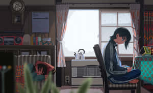 An Anime Boy Sitting At His Computer Wallpaper