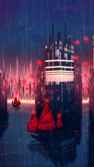 An Anime City Cloaked In Rain Wallpaper