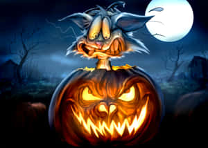 An Orange Pumpkin And Carved Scarecrow In Front Of A Spooky Night Sky. Wallpaper