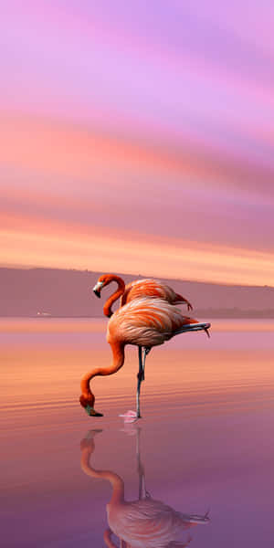 An Unusually Pink-hued, Solitary Flamingo Stands Among The Marshy Waters - A Captivating Sight. Wallpaper