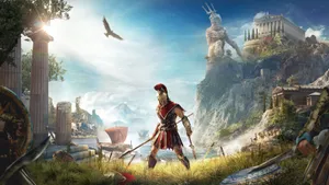 Ancient Warrior Gazingat Mythical Landscape Wallpaper