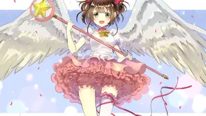 Angel Winged Girlwith Magic Staff Wallpaper