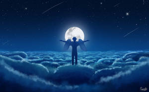 Angels In Heaven Shooting Stars Moon Sky Wallpaper