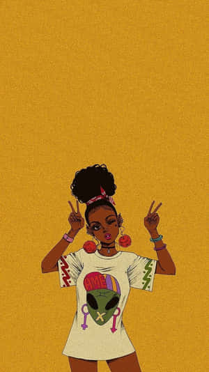 Animated Afro Girl Peace Sign Illustration Wallpaper