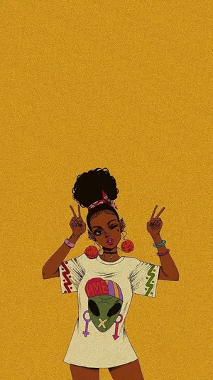 Animated Afro Girl Peace Sign Illustration Wallpaper