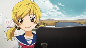 Animated Blonde Character Smiling Behind Laptop Wallpaper