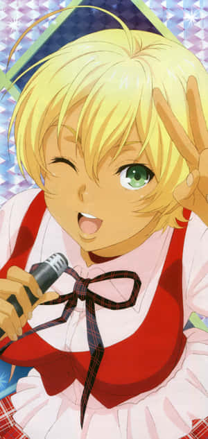 Animated Blonde Singer Victory Sign Wallpaper