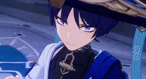 Animated Blue Haired Character Smiling Wallpaper