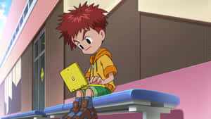 Animated Boy With Laptop Outdoors Wallpaper