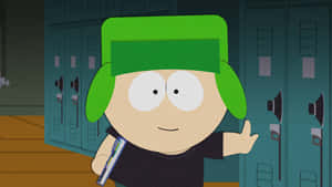 Animated Character Green Cap School Hallway Wallpaper