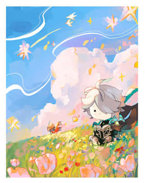 Animated Character Readingin Flower Field Wallpaper