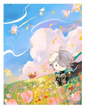 Animated Character Readingin Flower Field Wallpaper