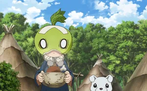 Animated Character With Melon Helmetand Watermelon Wallpaper