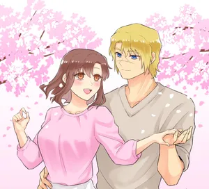 Animated Couple Cherry Blossoms Backdrop Wallpaper