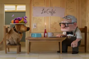 Animated Dogand Elderly Man Dining Wallpaper