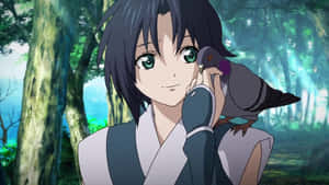 Animated Girlwith Pigeonin Forest Wallpaper