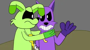 Animated Green Rabbit Purple Creature Conversation Wallpaper