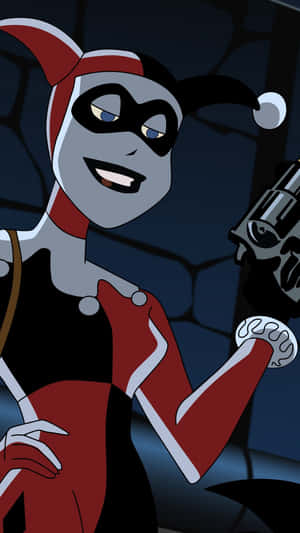 Animated Harley Quinn Smiling With Gun Wallpaper