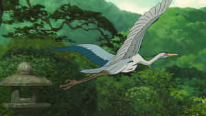 Animated Heron In Flight Forest Backdrop Wallpaper