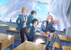 Animated High School Friends Classroom Scene Wallpaper