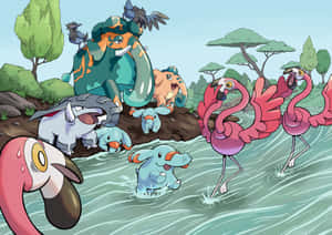 Animated Pokemonand Flamingosbythe Water Wallpaper