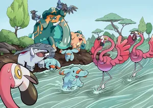 Animated Pokemonand Flamingosbythe Water Wallpaper