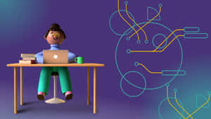 Animated Professional Workingat Desk Purple Backdrop Wallpaper