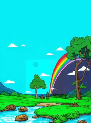 Animated Rainbow Landscape With Characters Wallpaper