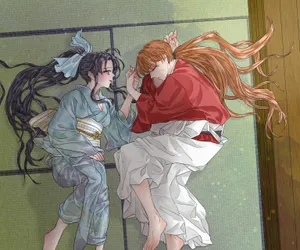 Animated Samurai Couple Embrace Wallpaper