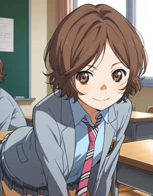 Animated Schoolgirl Leaningon Desk Wallpaper