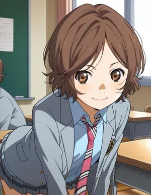 Animated Schoolgirl Leaningon Desk Wallpaper