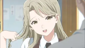 Animated Schoolgirl Smiling With Twirled Hair Wallpaper