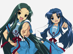 Animated Schoolgirls Friendly Pose Wallpaper