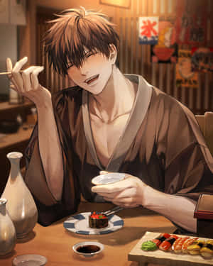 Animated Smiling Man Enjoying Sushi Wallpaper