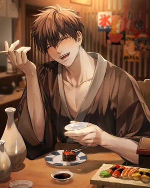 Animated Smiling Man Enjoying Sushi Wallpaper