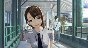 Animated Train Station Attendant Smiling Wallpaper