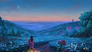 Animation Anime Girl Grass And Flower Field Wallpaper