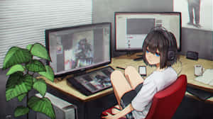 Anime Boy Enjoying A Peaceful Moment With His Computer Wallpaper