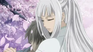 Anime Character Cherry Blossoms Embrace Wallpaper