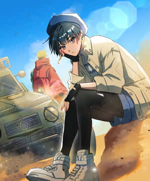 Anime Character Squatting Beside Vehicle Wallpaper