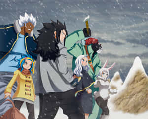 Anime Characters Braving Snowstorm Wallpaper