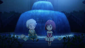 Anime Characters Nighttime Fountain Scene Wallpaper